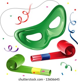 Illustration of a party mask with blowers and confetti