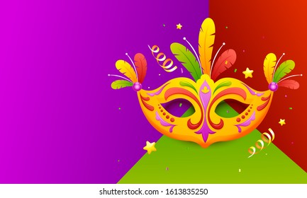 Illustration of Party Mask with Feather and Confetti on Colorful Abstract Background.