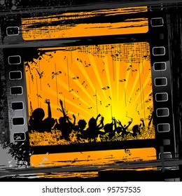 illustration of party people in film stripe on grungy background