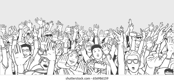 Illustration of partying crowd with raised hands 