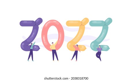 ilustración de personas de fiesta celebrando la víspera de Año Nuevo de 2021 a 2022. feliz año nuevo 2022. actividades de la gente, decoración, baile, diversión. globos coloridos. estilo de dibujos animados planos. vector