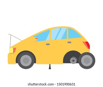 Illustration of a passenger car being maintained. Tire replacement, safety check.
