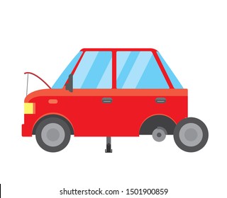Illustration of a passenger car being maintained. Tire replacement, safety check.