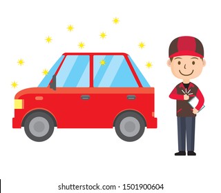 Illustration of a passenger car and a man. Clean car with maintenance and cleaning