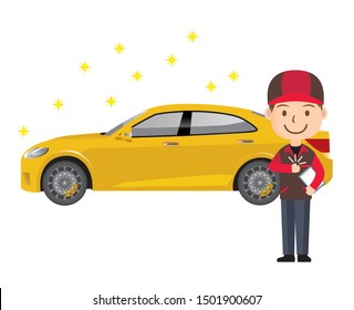 Illustration of a passenger car and a man. Clean car with maintenance and cleaning