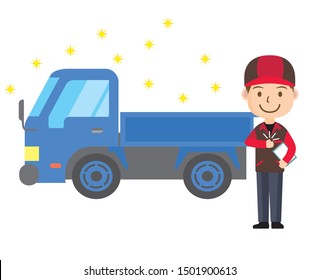 Illustration of a passenger car and man. A clean truck that has been maintained and cleaned.
