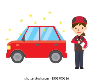Illustration of a passenger car and woman. Clean car with maintenance and cleaning. suv car