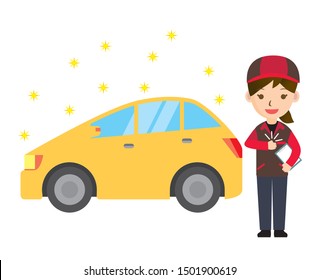 Illustration of a passenger car and woman. Clean car with maintenance and cleaning.