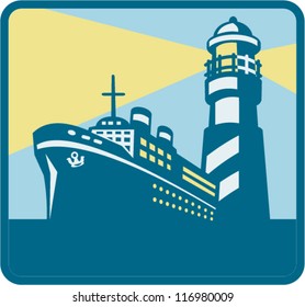 illustration of a passenger cargo ship at sea with lighthouse in background done in retro style