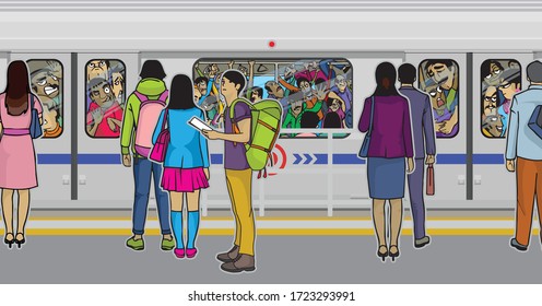 Illustration of passengers rushes in the metro 