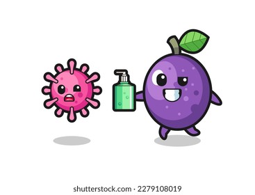 illustration of passion fruit character chasing evil virus with hand sanitizer , cute style design for t shirt, sticker, logo element