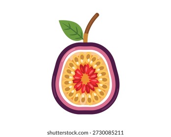 Ilustração de maracujá cortado ao meio revelando sementes no interior