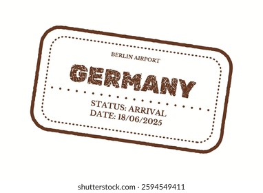 Illustration of passport stamp with Berlin airport arrival details in Germany. Rustic typography and classic design evoke international travel and exploration themes.