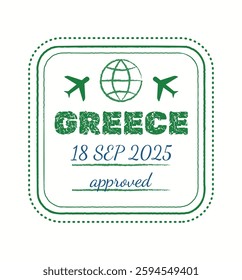 Illustration of a passport stamp with the country name Greece and date 18 Sep 2025. Includes airplane icons and the word approved, suggesting travel authorization.