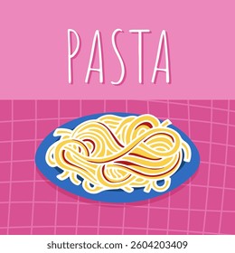 Illustration of pasta in cartoon style. Italian pasta on a plate on pink background.