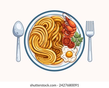 Ilustración de un plato de pasta de fideos perfectamente cocinado con suculentos camarones fritos, un huevo frito, tomate en rodajas y hojas de apio frescas, todo se ve delicioso. Perfecto para el diseño de menús, banners,