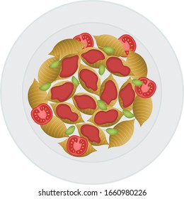 Illustration of pasta with tomato paste and herbs. Food, Italian cuisine.