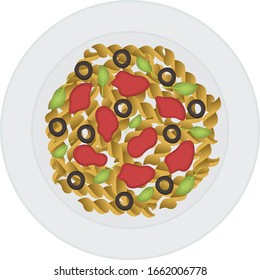 Illustration of pasta with tomato paste and herbs. Food, Italian cuisine.
