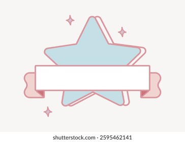 Illustration of a pastel blue star with a pink outline and a blank ribbon banner. Decorative star and ribbon design with small pink sparkles. Star and ribbon motif. Shape element vector.