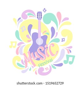 Illustration in pastel colors with acoustic guitar and hand lettering. Great element for music festival or t-shirt. Vector concept.