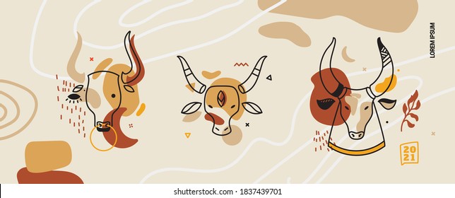Illustration in pastel colors with bulls in a thin line. Social media banner for 2021.