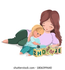 Illustration in pastel colors, mother and child lie on the floor, playing childrens cubes