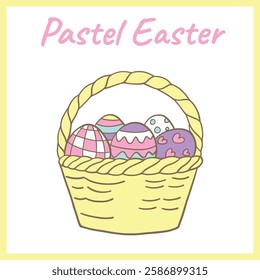 Illustration of a pastel Easter basket filled with colorful decorated eggs featuring various patterns, perfect for festive spring and holiday themes