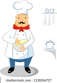Illustration of a pastry chef with a bowl of dough in the kitchen