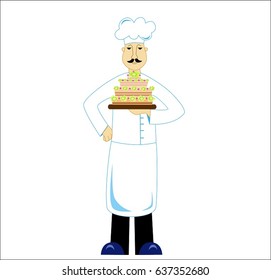 Illustration of pastry chef with cake on a white background