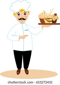 Illustration of pastry chef with cake on a white background
