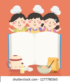 Illustration of Pastry Chef Kids with an Open Blank Book and Baking Ingredients In Front