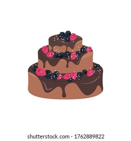 Illustration for pastry shop. Festive chocolate cake with icing, decorated with fresh berries of raspberries, blackberries and currants. Nice vector flat illustration in cartoon style with a gradient.