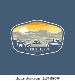 Illustration eines Patchlogos auf dem Wappen des versteinerten Waldnationalparks in Navajo und Apache County in Arizona auf dunklem Hintergrund