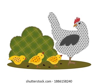 Illustration in patchwork style chicken with chickens on a walk