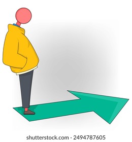 Illustration of the path to success that only you can determine, a person is standing with an arrow pointing in front of him