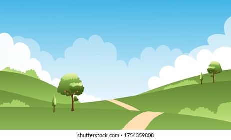Ilustración de un camino que pasa por un prado exuberante.