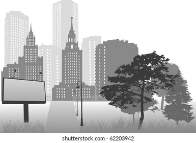 ilustración con ruta, árboles y ciudad