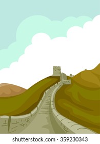 Illustration of a Pathway at the Great Wall of China Leading to a Tower