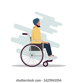 Illustration of the patient Arab man on wheelchair has blank space for advertising. Muslim, indian man. Concept Vector Illustration