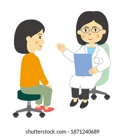 Ilustración de un paciente entrevistado por un médico. Datos vectoriales de fondo blanco.
