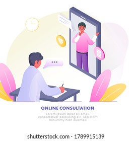 Illustration Of Patient Man Talking To Doctor From Video Calling In 3D Smartphone At Clinic For Online Consultation.