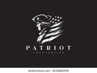 Illustration of a patriot, with an American flag in the background.