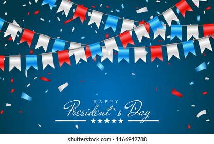 Illustration Patriotic Background with Bunting Flags for Happy Presidents Day and foil confetti., Colors of USA. Vector illustration.