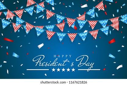 Illustration Patriotic Background with Bunting Flags for Happy Presidents Day and foil confetti, Colors of USA. Vector illustration.