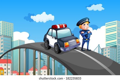 Illustration of a patrol car and a policeman in the middle of the highway