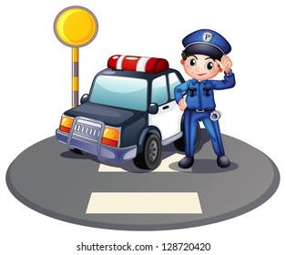 Illustration of a patrol car and the policeman near the traffic light on a white background