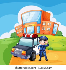 Illustration of a patrol car and the policeman near the school