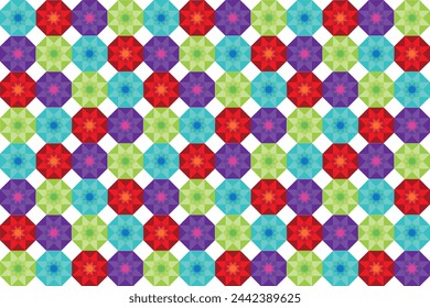 Patrón de ilustración, estilo geométrico abstracto. Repetición de flor multicolor abstracta en octógono sobre fondo blanco.