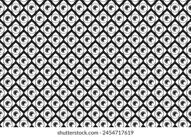 Abbildungsmuster, Abstrakter geometrischer Stil. Wiederholte Abstraktion des Auges auf schwarzem Hintergrund.