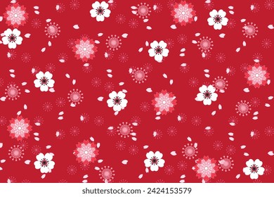 Illustration, pattern abstract of sakura flower and petals falling on red background.